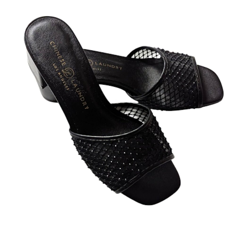 Chinese Laundry Black Block Heel Slip On Square Toe Slide Sandal Size 8 NWOB